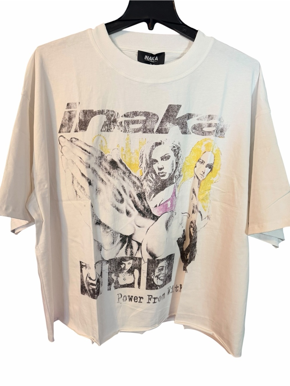 Inaka Power White Graphic Short Sleeve Tee with Yellow & Pink Accents